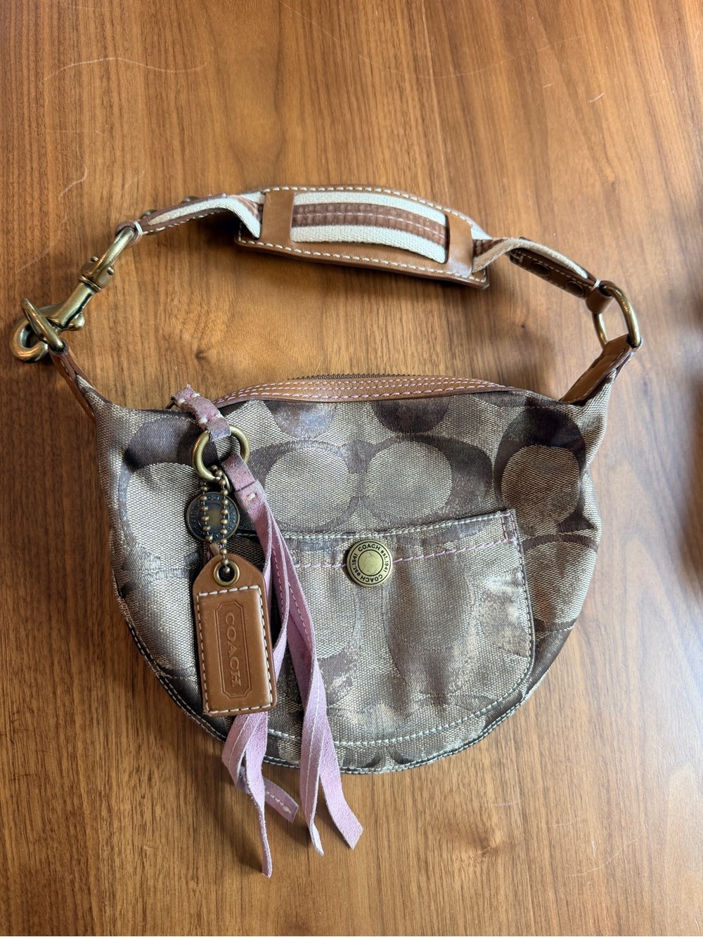 Coach Brown Signature Mini Hobo with Pink Suede Tassel